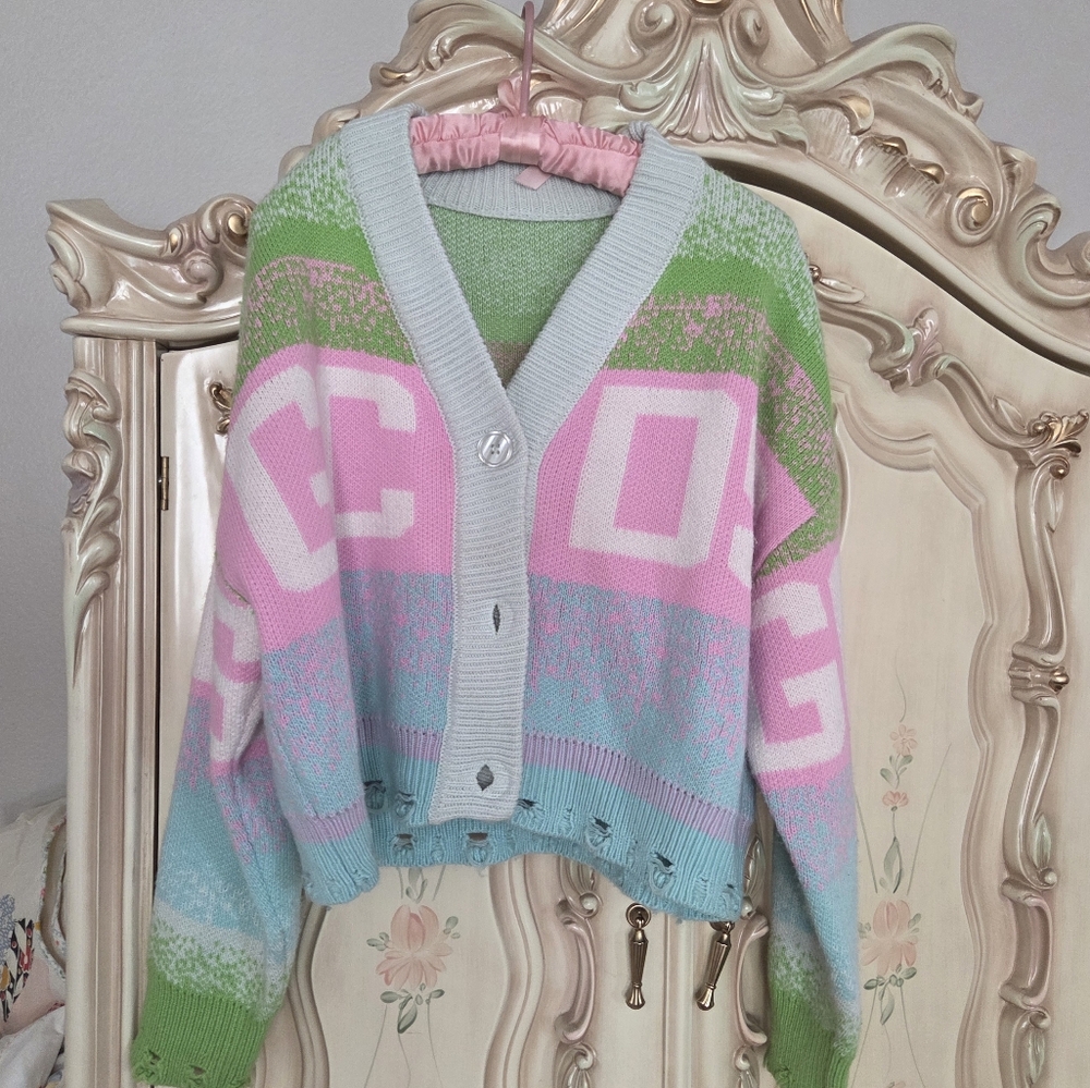 Pink Green Blue Stripe GCDS Cropped Distressed Seeater M/L